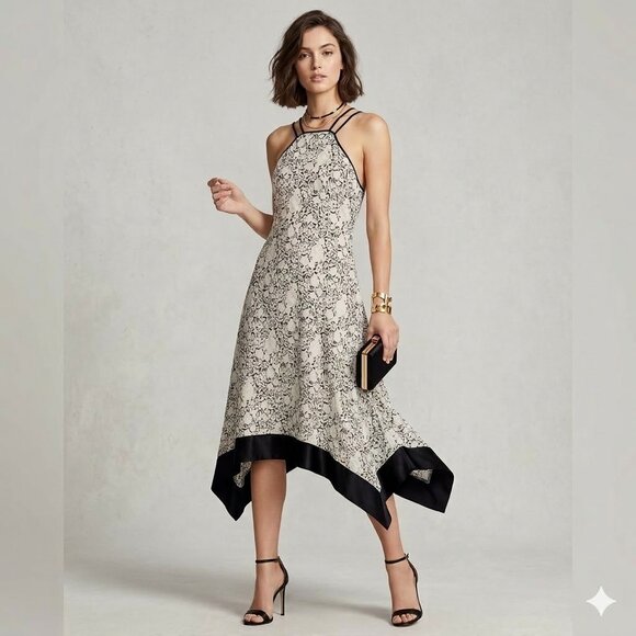 Cinq à Sept 100% Silk Lace Print Dress Small Black White Strappy Midi